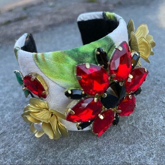 Baroque Pearl Boho Jeweled Floral Rhinestones, Beads, Chunky Cuff Bracelet - Picture 1 of 9